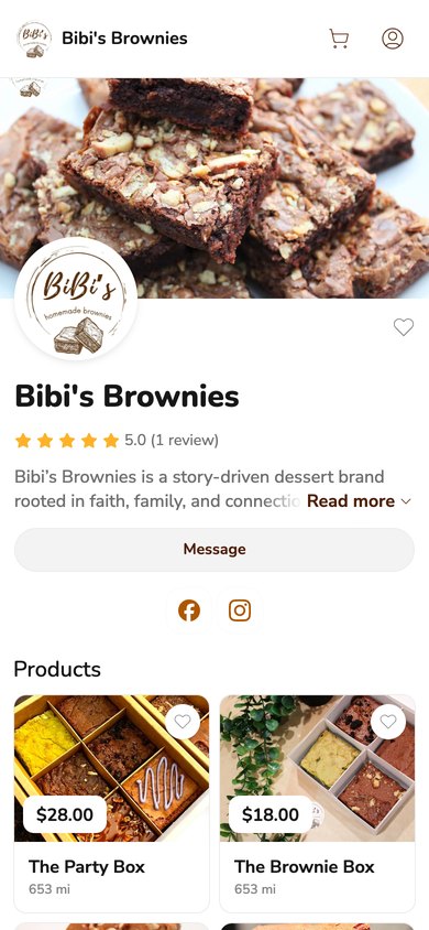 Phone screenshot of the Bibi's Brownies storefront on Homegrown, showing a banner of walnut brownie squares, the round Bibi's homemade brownies logo, a 5.0 rating from one review, a Message button, Facebook and Instagram icons, and two listings: The Party Box at $28.00 and The Brownie Box at $18.00