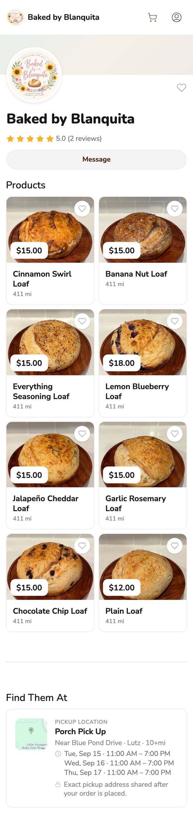 Phone screenshot of the Baked by Blanquita storefront on Homegrown, showing eight loaves with prices, a Message button and a Porch Pick Up location in Lutz