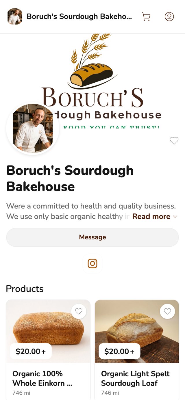 Phone screenshot of the Boruch's Sourdough Bakehouse storefront on Homegrown, showing a wheat and loaf logo, a profile photo of a man in chef's whites, a Message button and two sourdough loaves listed from $20.00