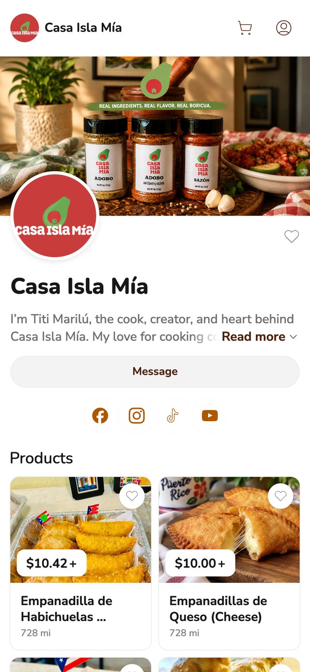 Phone screenshot of the Casa Isla Mía storefront on Homegrown, showing a banner of adobo and sazón jars, the red Casa Isla Mía logo, a Message button, social icons and two empanadilla listings priced from $10.42 and $10.00