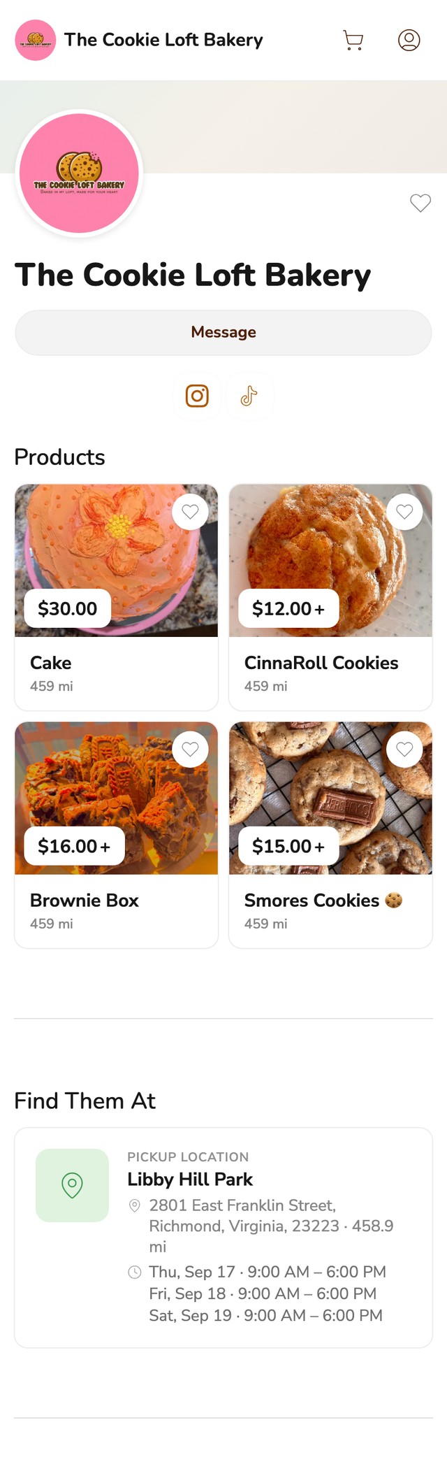 Phone screenshot of The Cookie Loft Bakery storefront on Homegrown, showing four products with prices and a pickup location at Libby Hill Park in Richmond, Virginia