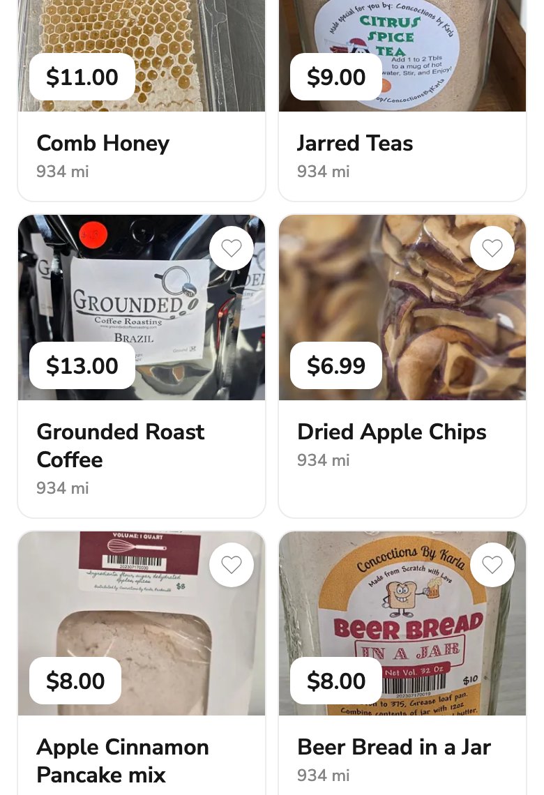 Phone screenshot of the Country Apple Orchard Farm Stand storefront on Homegrown showing Comb Honey $11.00, Jarred Teas $9.00, Grounded Roast Coffee $13.00, Dried Apple Chips $6.99, Apple Cinnamon Pancake mix $8.00 and Beer Bread in a Jar $8.00