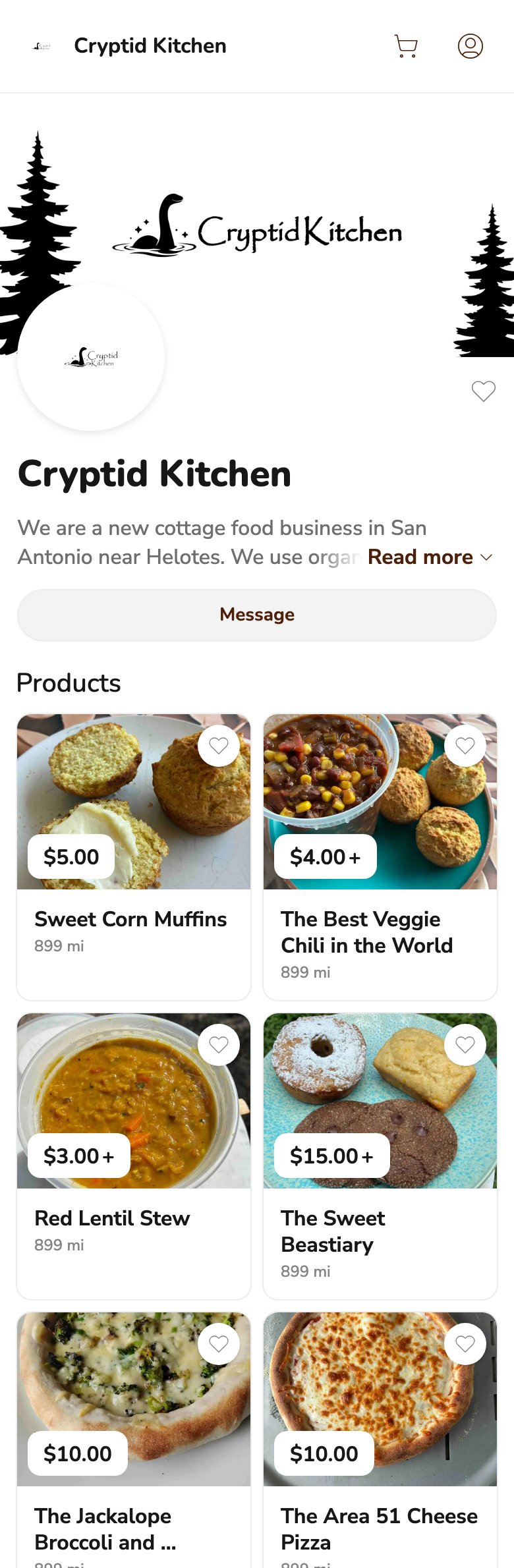 Phone screenshot of the Cryptid Kitchen storefront on Homegrown, showing the shop's logo, a note that it is a new cottage food business in San Antonio, and six products including corn muffins at $5.00 and a veggie chili from $4.00