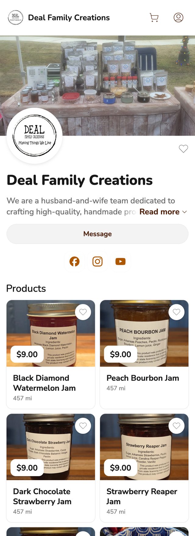 Deal Family Creations storefront on a phone, showing four jam listings at $9.00 each