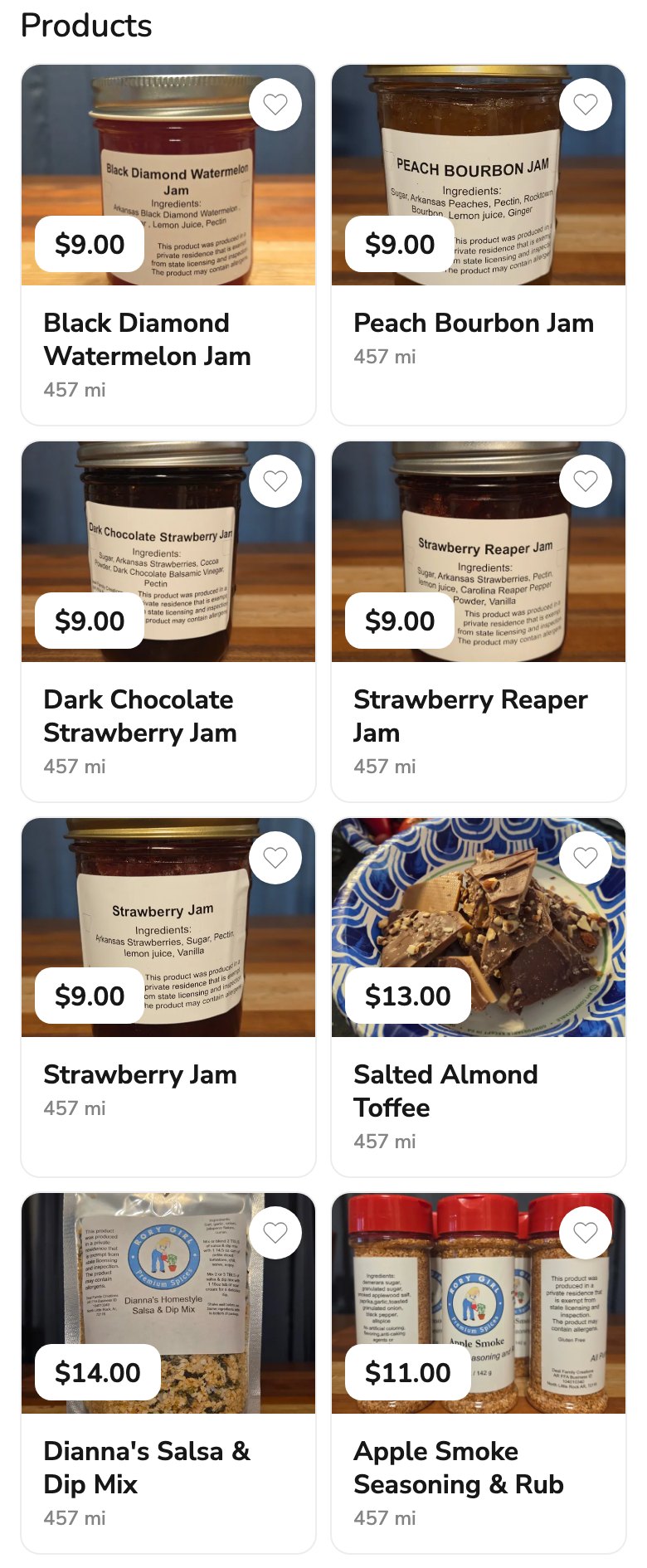 Phone screenshot of the Deal Family Creations product grid on Homegrown, showing five jams at $9.00, Salted Almond Toffee at $13.00, a salsa and dip mix at $14.00 and a seasoning rub at $11.00