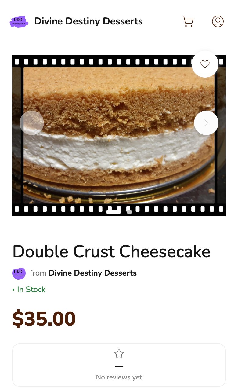Phone screenshot of the Double Crust Cheesecake listing from Divine Destiny Desserts on Homegrown, showing a photo of a cheesecake with a thick graham cracker crust, the product name, In Stock and a price of $35.00