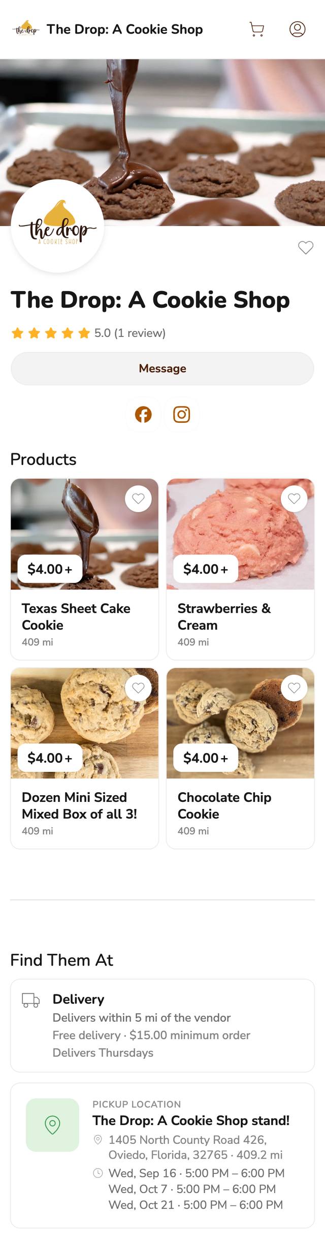 Phone screenshot of The Drop: A Cookie Shop storefront, showing four cookies at $4.00, a delivery option and a pickup stand in Oviedo, Florida