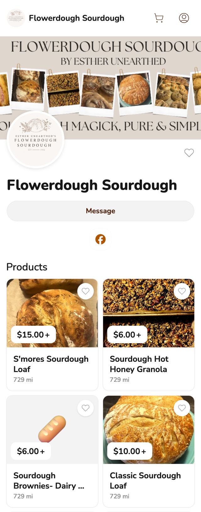 Phone screenshot of the Flowerdough Sourdough storefront on Homegrown, showing its banner, logo, a Message button and four products with prices
