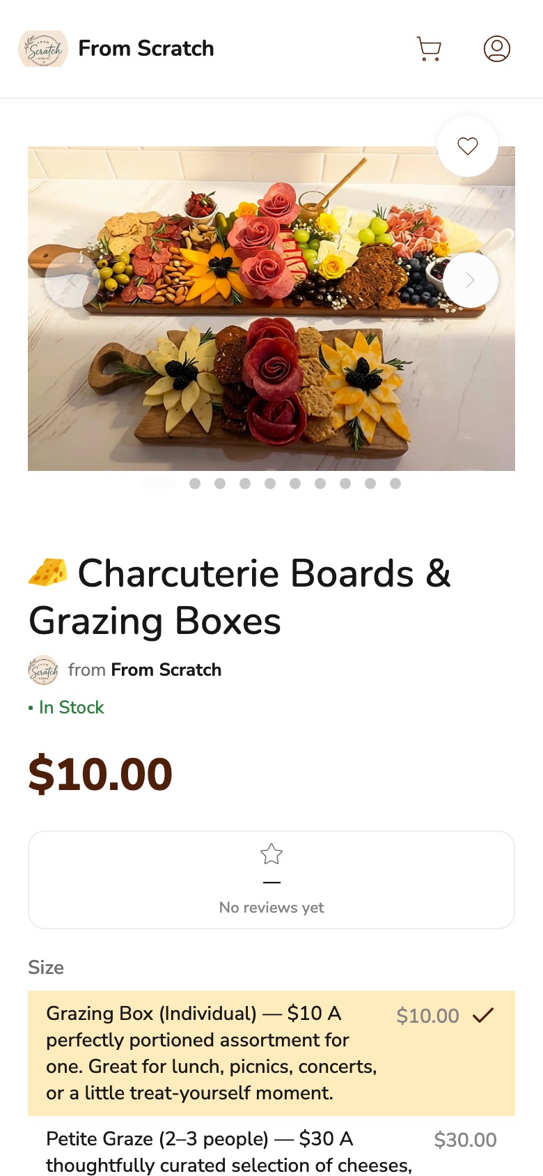 Phone screenshot of the From Scratch charcuterie listing on Homegrown, showing two boards with salami roses and cheese flowers, the price $10.00, and the first two board sizes