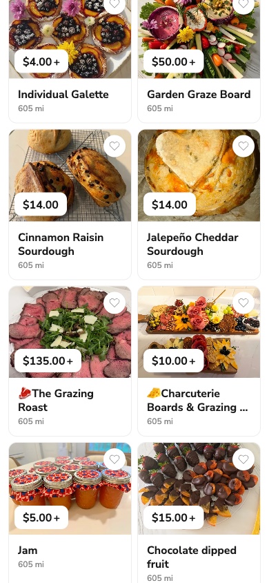 Phone screenshot of the From Scratch storefront on Homegrown showing eight product cards, including The Grazing Roast from $135.00 and Charcuterie Boards and Grazing Boxes from $10.00