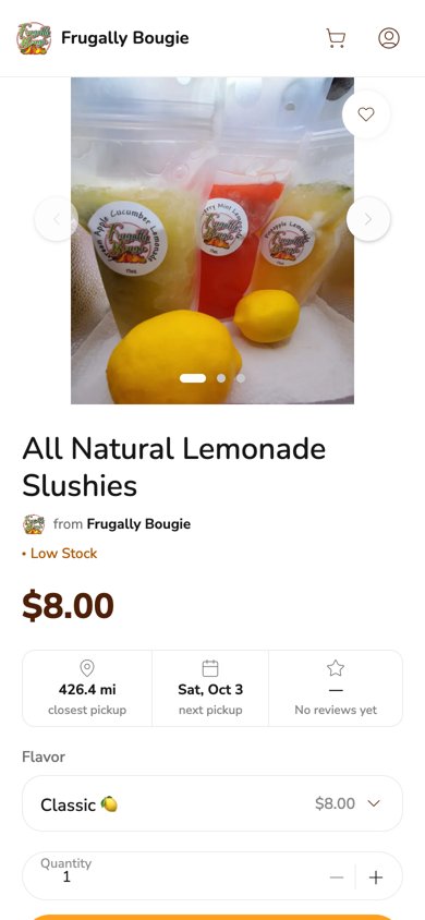 Phone screenshot of the All Natural Lemonade Slushies listing from Frugally Bougie on Homegrown, showing clear pouches of lemonade slushies with round Frugally Bougie labels next to two lemons, a price of $8.00, a Low Stock note, a next pickup date of Saturday, October 3, and a Classic flavor picker