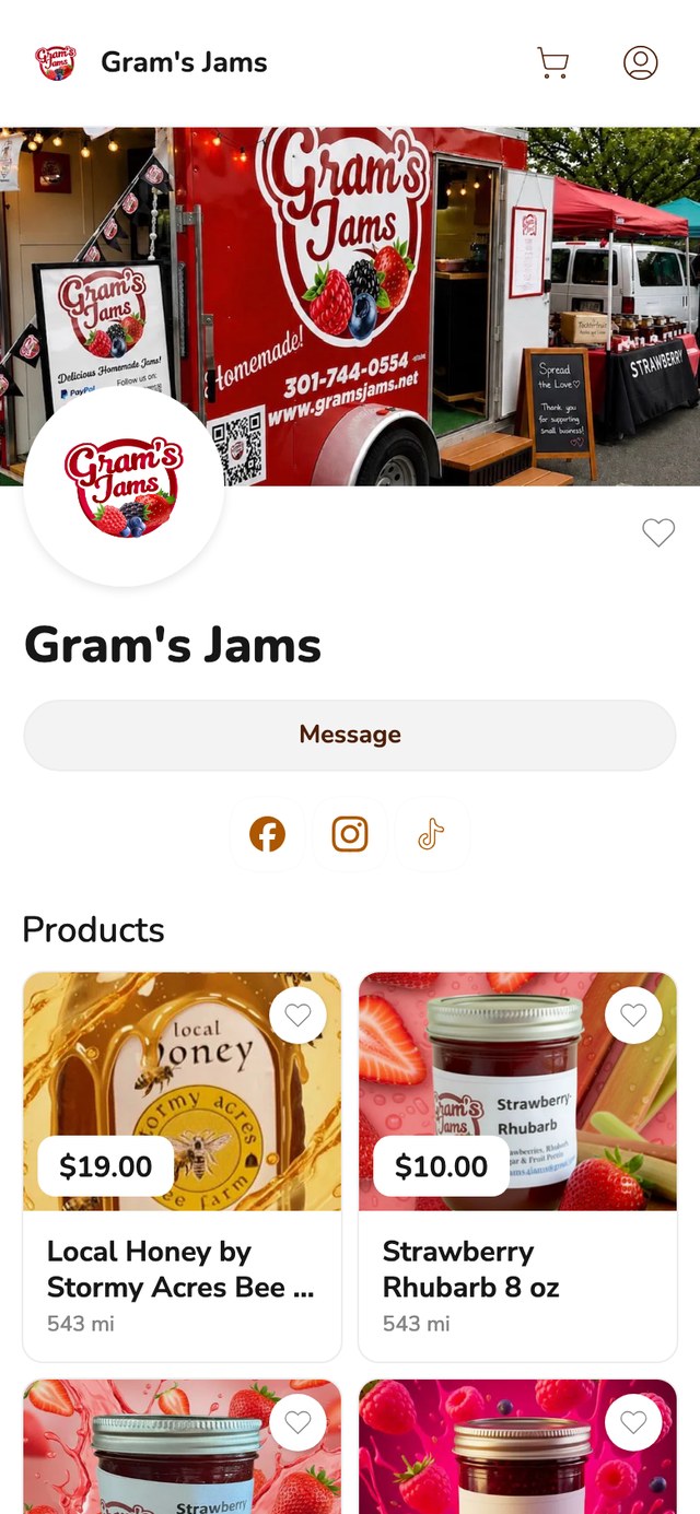 Phone screenshot of the Gram's Jams Homegrown storefront, showing a red jam trailer photo, a Message button and product cards for local honey at $19.00 and Strawberry Rhubarb jam at $10.00