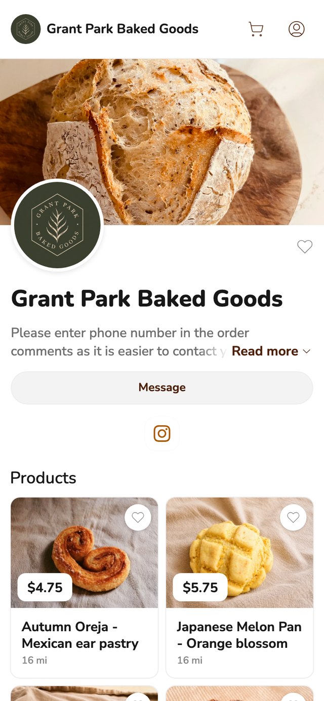 Phone screenshot of the Grant Park Baked Goods storefront on Homegrown, showing a sourdough loaf banner, the bakery's logo, a Message button and two pastries with their prices