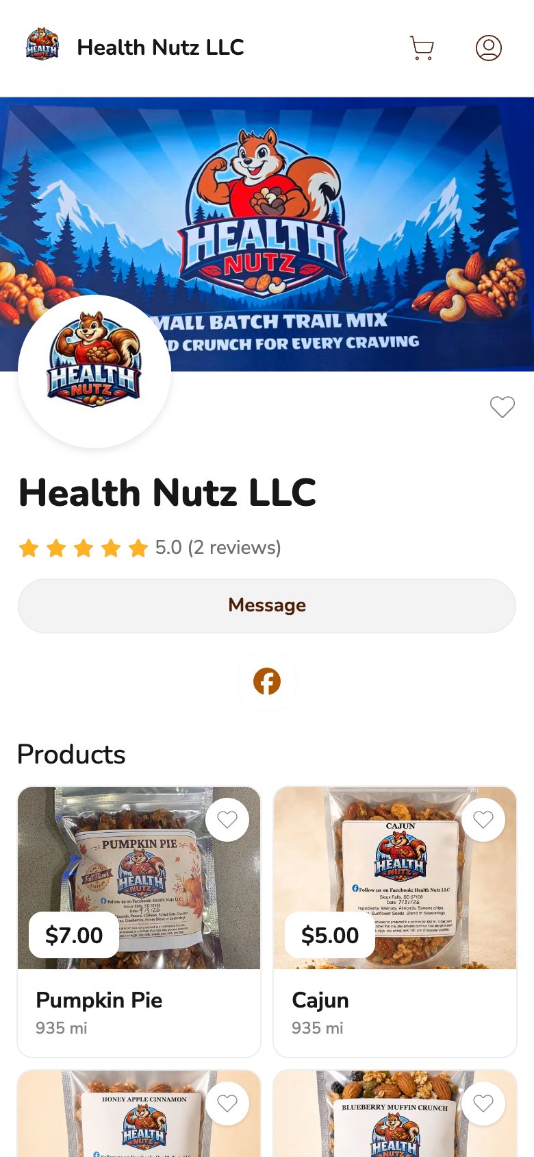 Phone screenshot of the Health Nutz LLC storefront on Homegrown, showing a banner with a cartoon squirrel logo and the words small batch trail mix, a 5.0 rating from two reviews, a Message button, a Facebook icon, and the first two products, Pumpkin Pie at $7.00 and Cajun at $5.00