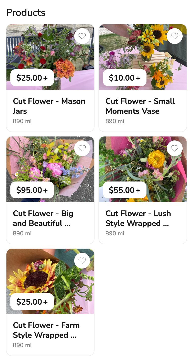 Phone screenshot of the Her Hands Flower Farm storefront on Homegrown showing five cut flower products starting at $25.00, $10.00, $95.00, $55.00 and $25.00