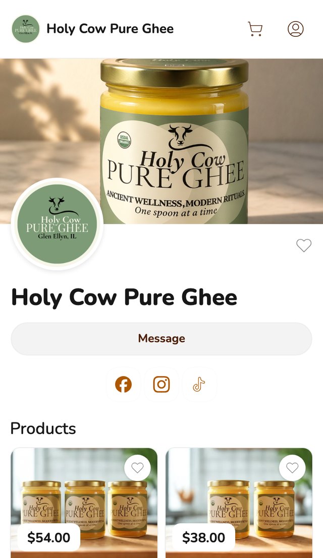 Phone screenshot of the Holy Cow Pure Ghee storefront on Homegrown, showing a banner photo of a jar of ghee, the round Glen Ellyn logo, a Message button, social icons and two bundle products with prices
