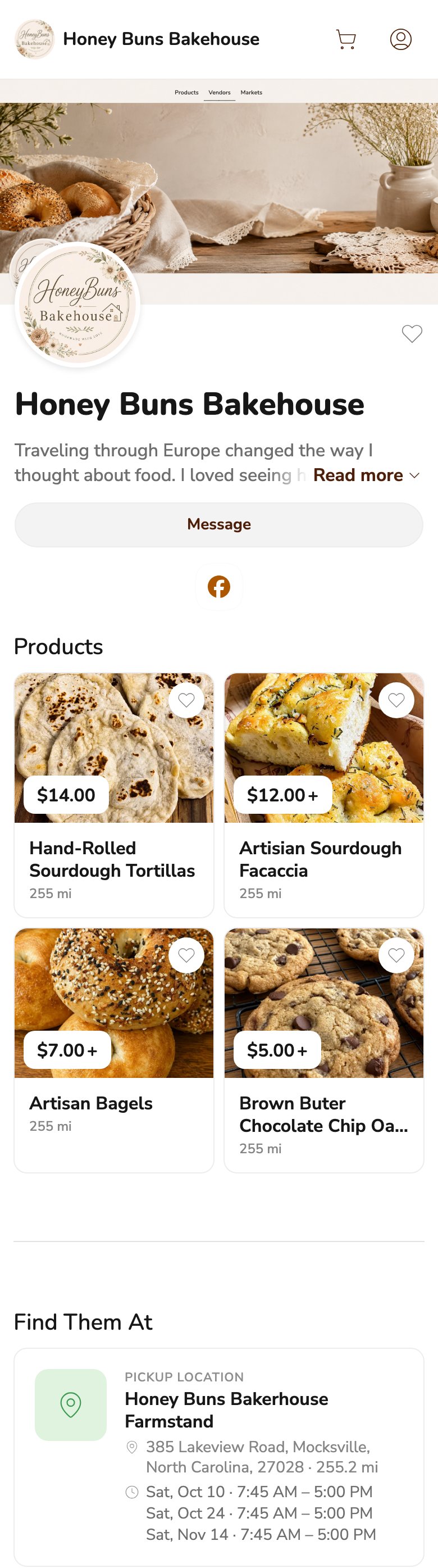 Phone screenshot of the Honey Buns Bakehouse storefront on Homegrown, showing a bread banner, the bakery's logo, a Message button, four products with Hand-Rolled Sourdough Tortillas at $14.00 first, and a farmstand pickup card with three Saturday dates