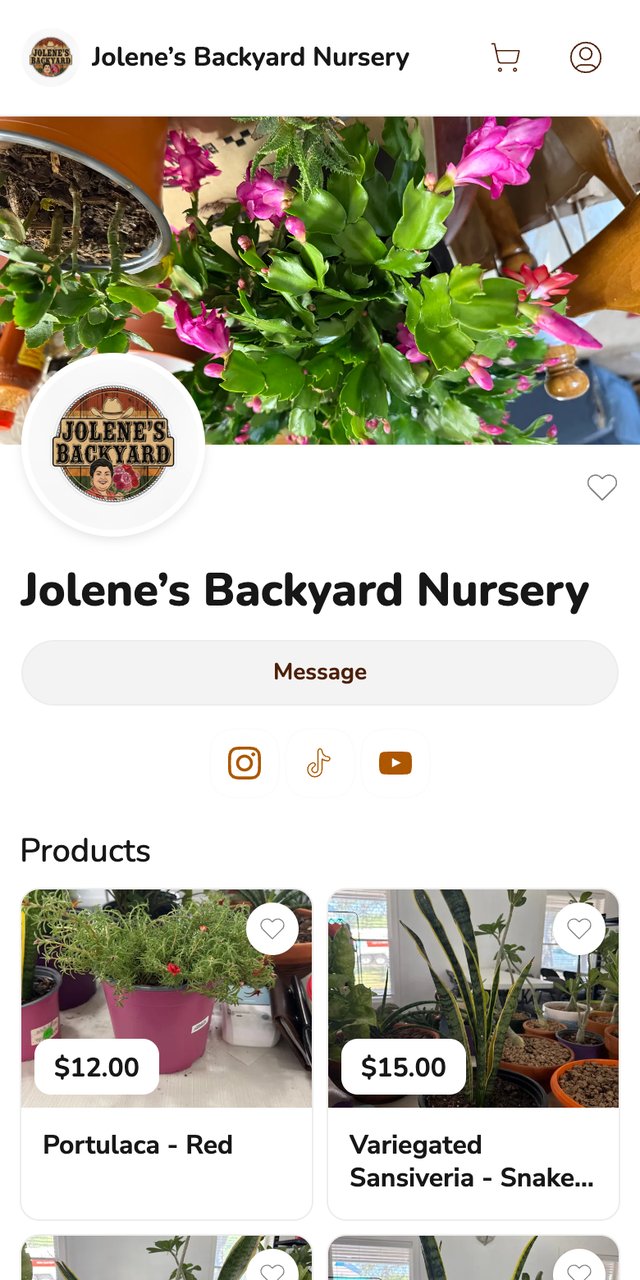Phone screenshot of the Jolene's Backyard Nursery storefront on Homegrown, showing a banner of a pink-flowering cactus, the Jolene's Backyard logo, a Message button, social media icons and the first two plant products with prices