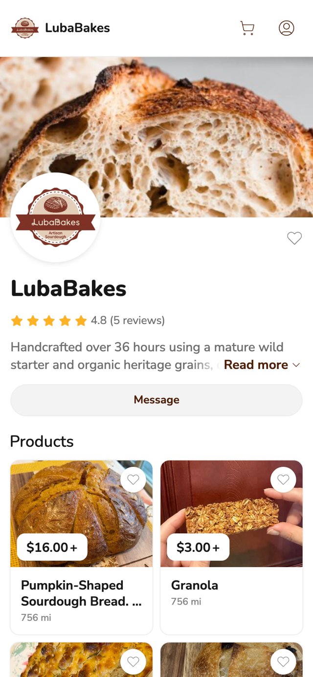 Phone screenshot of the LubaBakes storefront on Homegrown, showing a sourdough crumb banner, the Artisan Sourdough logo, a 4.8 star rating from 5 reviews, a Message button and two products with prices
