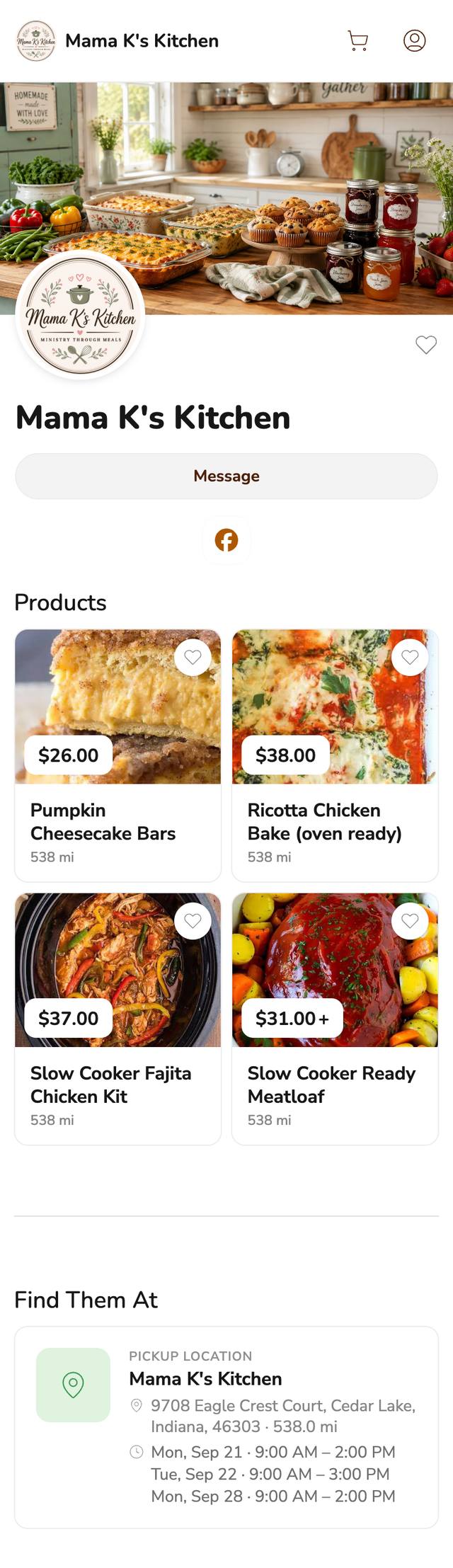 Phone screenshot of the Mama K's Kitchen storefront on Homegrown, showing four meal and dessert products with prices and a pickup location in Cedar Lake, Indiana