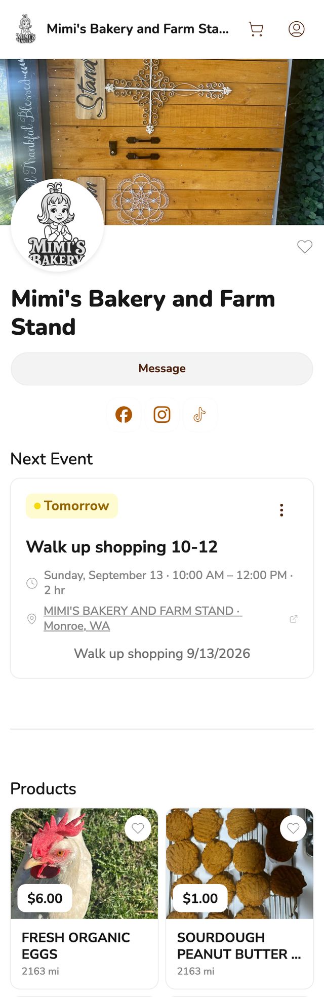 Phone screenshot of the Mimi's Bakery and Farm Stand storefront on Homegrown, showing a Message button, an upcoming walk up shopping event, and fresh eggs listed next to sourdough cookies