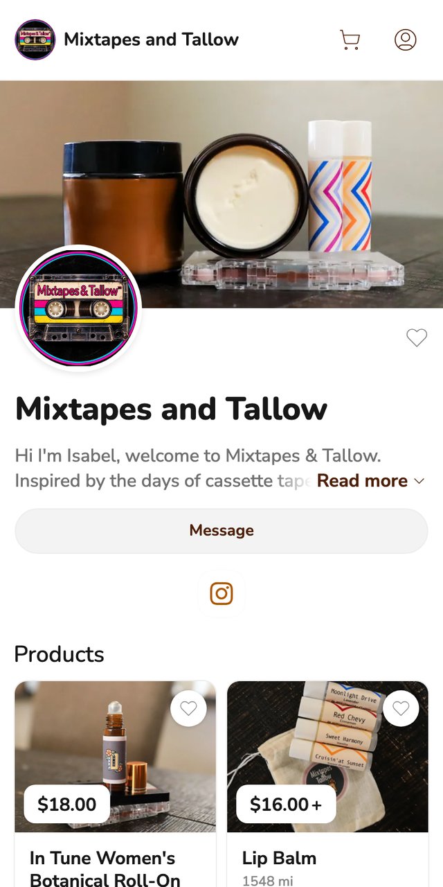 Phone screenshot of the Mixtapes and Tallow storefront on Homegrown, showing a banner photo of two jars and two striped lip balm tubes on a cassette case, a round cassette logo, a short About section, a Message button and two product tiles priced at $18.00 and $16.00