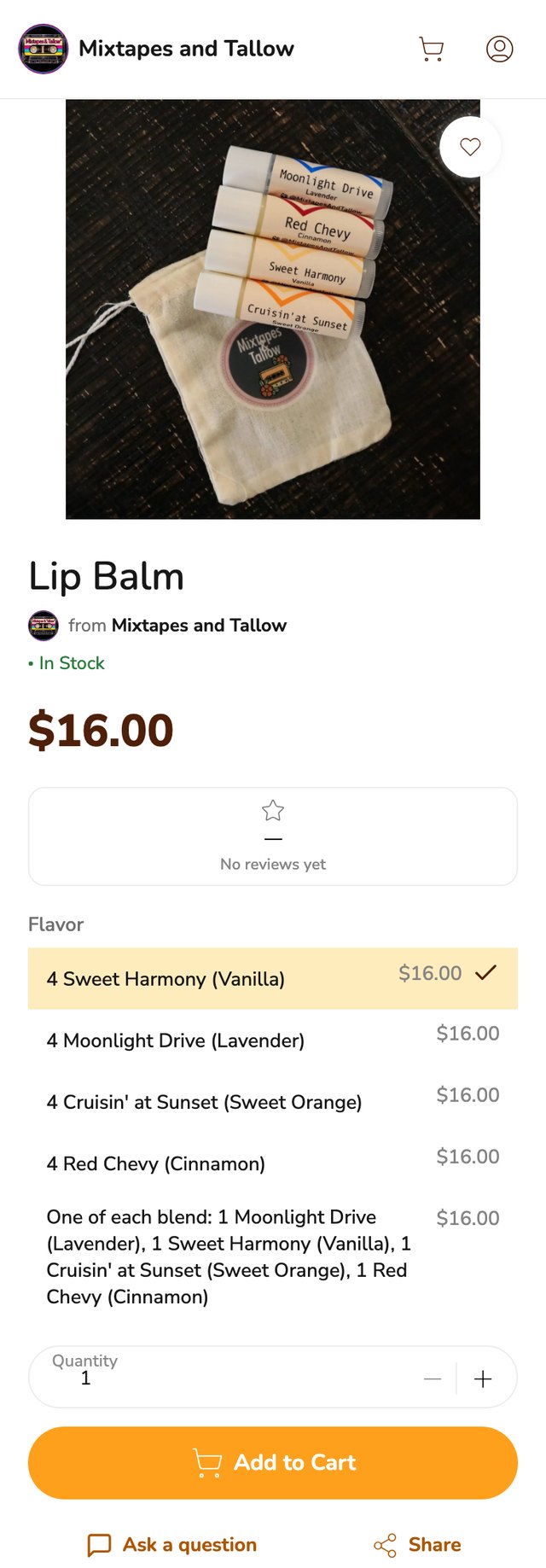 Phone screenshot of the Lip Balm listing from Mixtapes and Tallow on Homegrown, showing four labeled lip balm tubes on a cloth drawstring bag, a $16.00 price, In Stock, and a Flavor list of five options at $16.00 each, from four Sweet Harmony vanilla tubes to one of each blend, above an Add to Cart button
