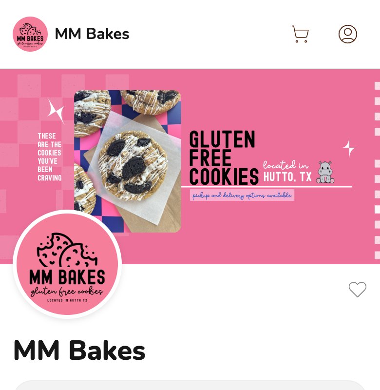 Phone screenshot of the top of the MM Bakes storefront on Homegrown, showing the bakery's pink logo in a small circle beside the store name, a pink banner that reads gluten free cookies located in Hutto, TX, and the same logo in a larger circle under the banner