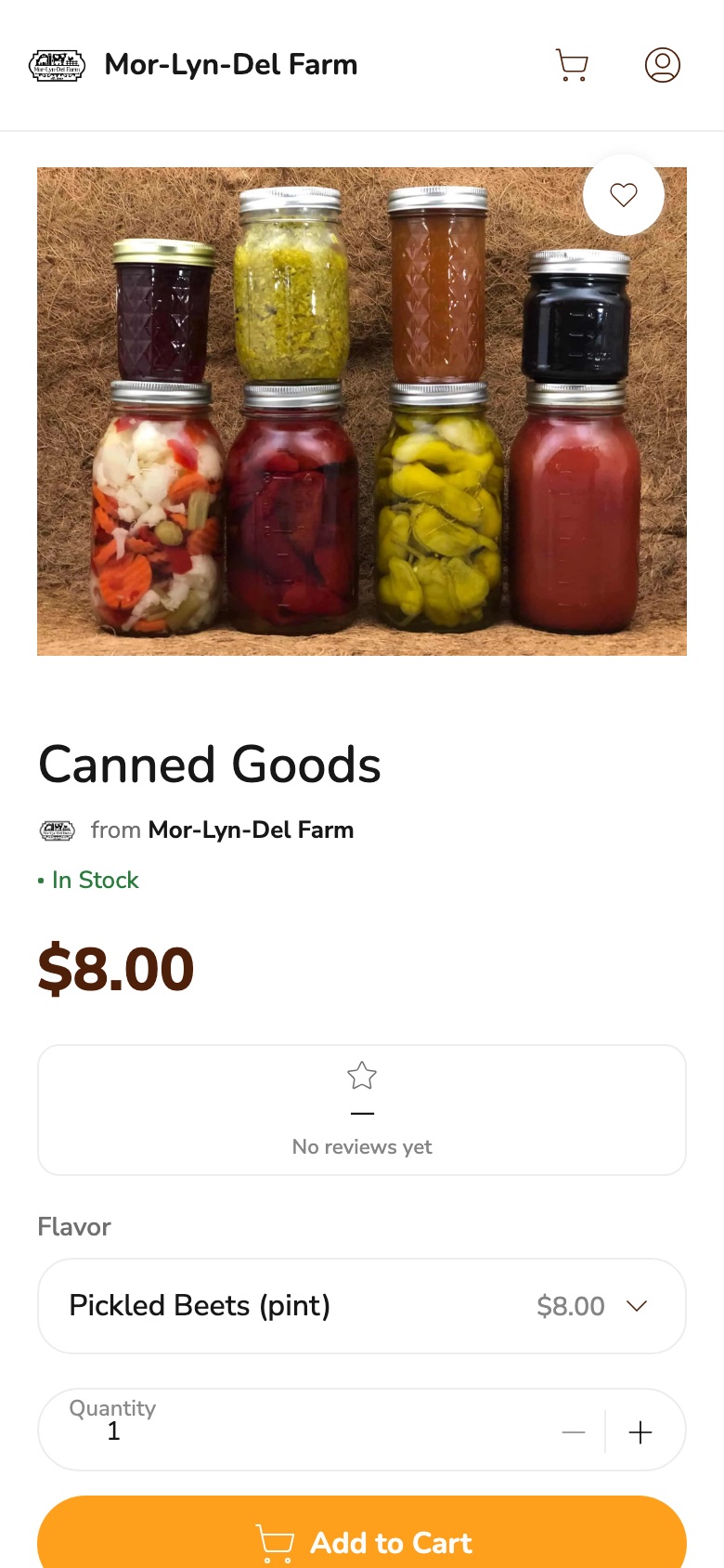 Phone screenshot of Mor-Lyn-Del Farm's Canned Goods listing on Homegrown, showing a photo of canned jars, the price $8.00, In Stock, a Flavor menu set to Pickled Beets (pint) at $8.00, and an Add to Cart button