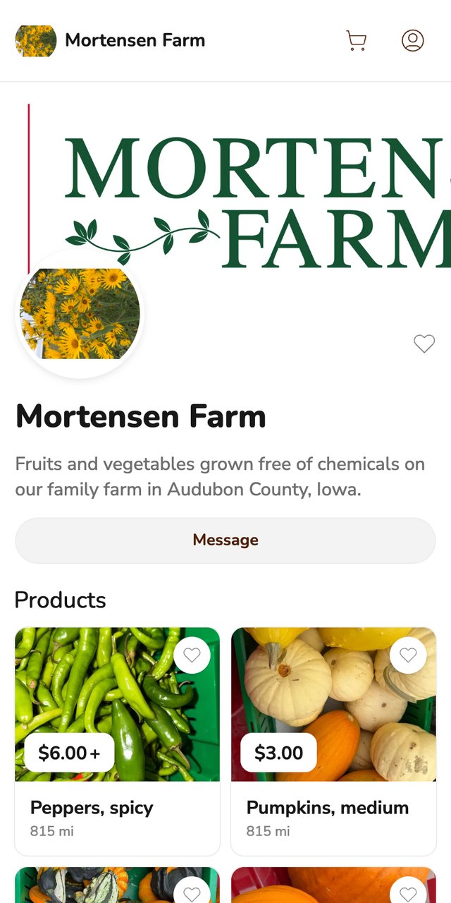 Phone screenshot of the Mortensen Farm storefront on Homegrown, showing a Mortensen Farm banner, a sunflower logo, a short farm description, a Message button and two products with prices