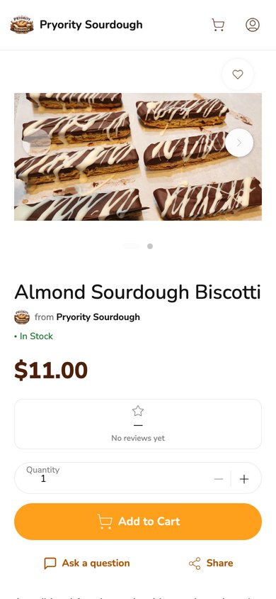 Phone screenshot of Pryority Sourdough's Almond Sourdough Biscotti product page on Homegrown, showing biscotti with chocolate-dipped bottoms and a white drizzle, a price of $11.00, and In Stock