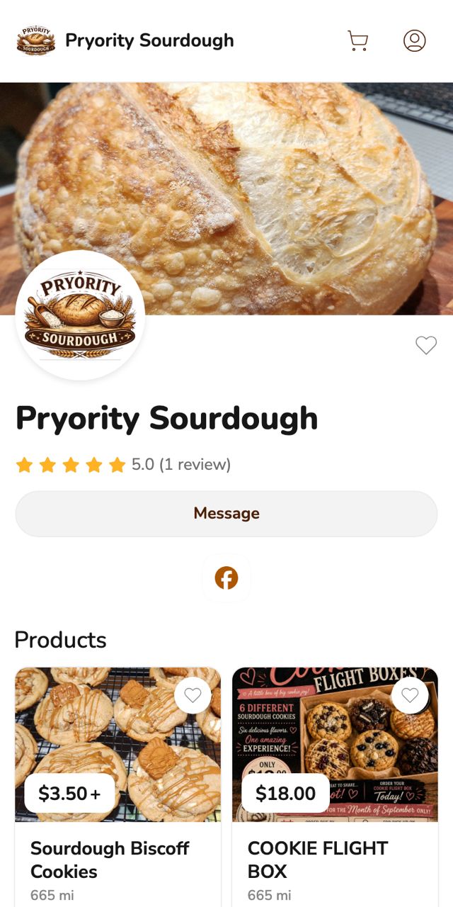 Phone screenshot of the Pryority Sourdough storefront on Homegrown, showing a sourdough loaf banner, the bakery's logo, a five star rating, a Message button and two products with prices