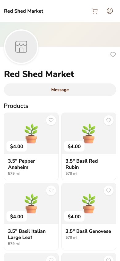 Phone screenshot of the Red Shed Market storefront on Homegrown, showing the store name, a Message button and four seedling product cards, each priced $4.00