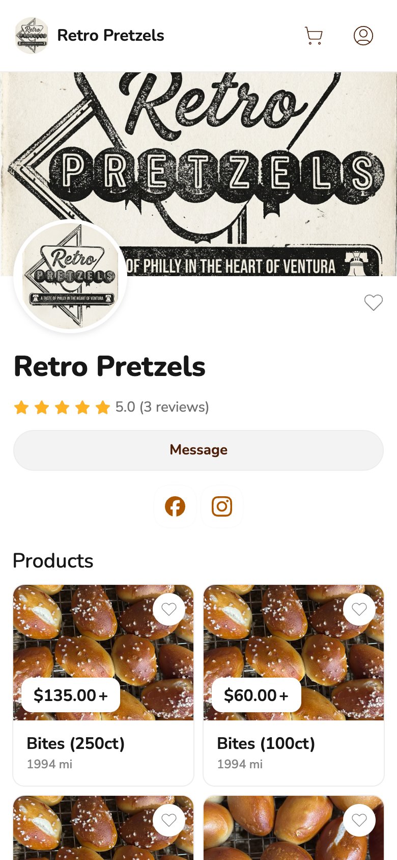 Phone screenshot of the Retro Pretzels storefront on Homegrown, showing a vintage Retro Pretzels sign as the banner, a 5.0 rating from 3 reviews, a Message button, and the first two products, pretzel bites at 250 count for $135 and 100 count for $60
