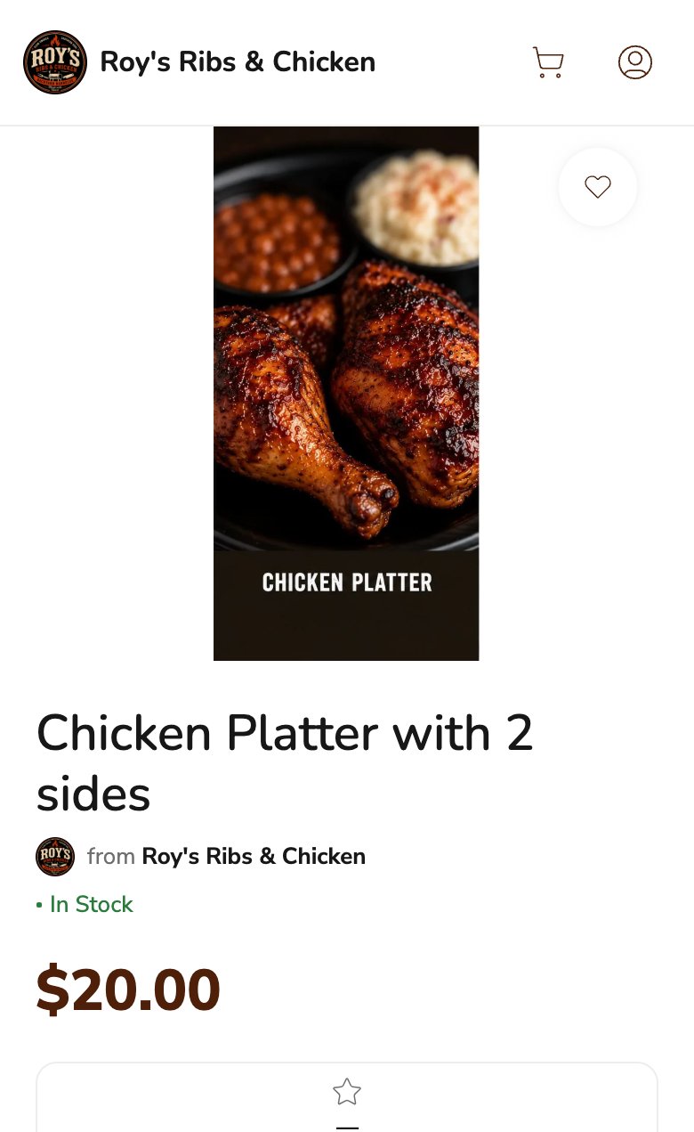 Phone screenshot of the Chicken Platter listing from Roy's Ribs and Chicken on Homegrown, showing a photo of smoked chicken with baked beans and a second side, the product name, In Stock and a price of $20.00