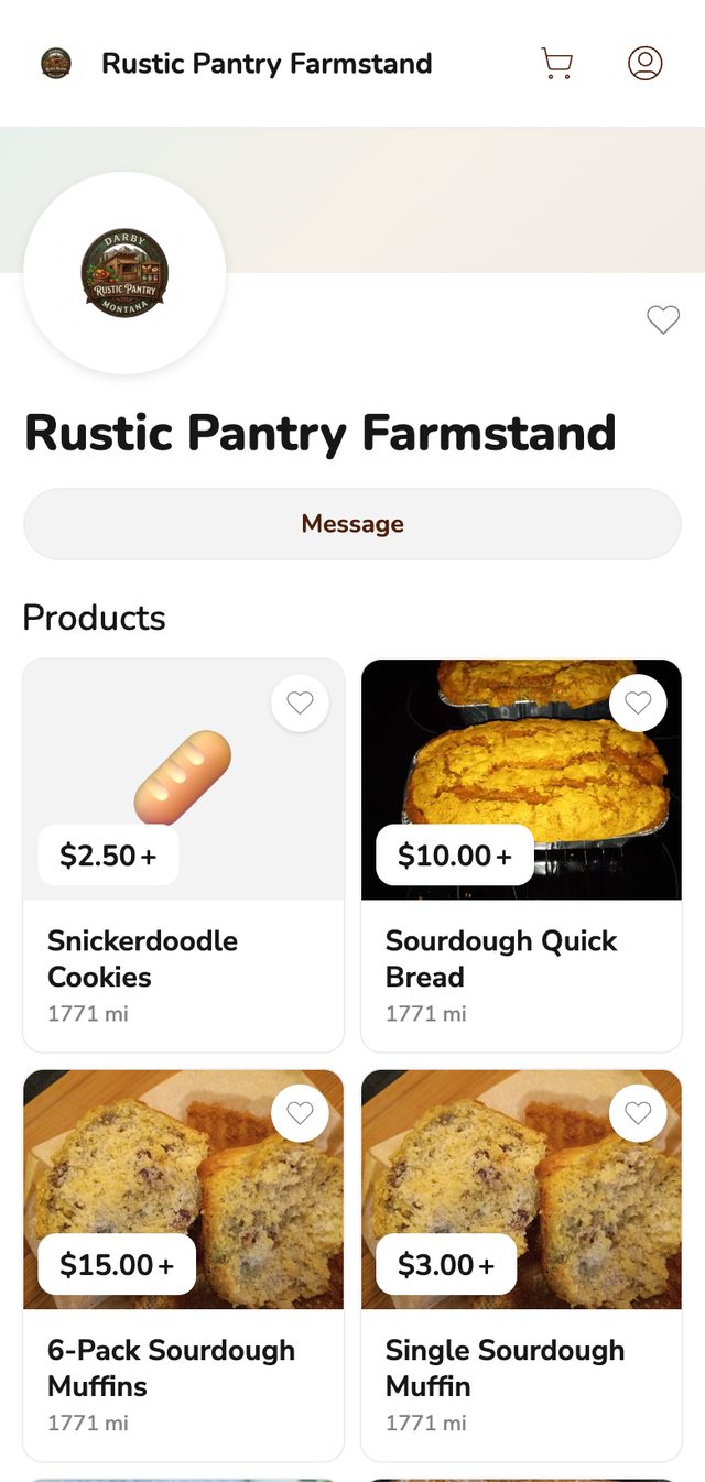 Phone screenshot of the Rustic Pantry Farmstand storefront on Homegrown, showing its logo, a Message button and four products with prices