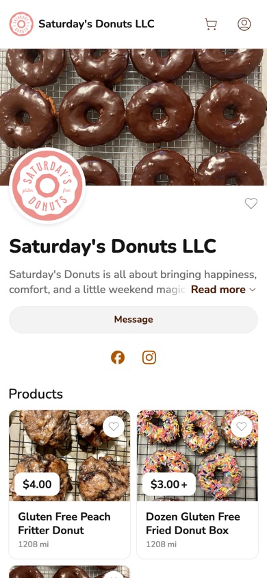 Phone screenshot of the Saturday's Donuts LLC storefront on Homegrown, showing a banner of chocolate glazed donuts on a cooling rack, the round Saturday's Donuts logo, a Message button, Facebook and Instagram icons, and two listings: Gluten Free Peach Fritter Donut at $4.00 and Dozen Gluten Free Fried Donut Box from $3.00