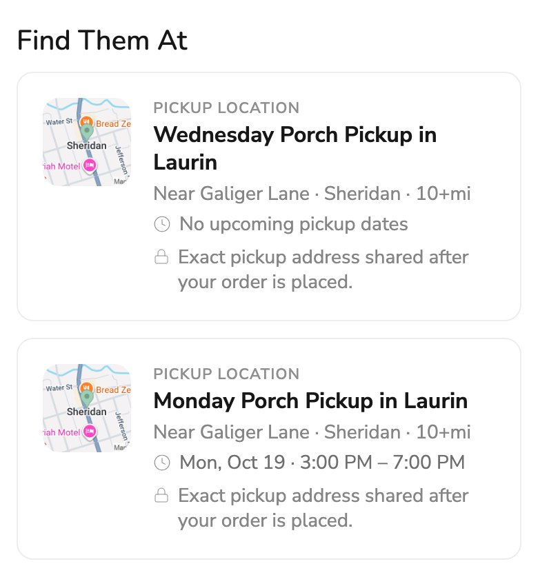 Phone screenshot of the pickup section on the Scratch Made Sourdough storefront on Homegrown, showing two pickup locations named Wednesday Porch Pickup in Laurin and Monday Porch Pickup in Laurin