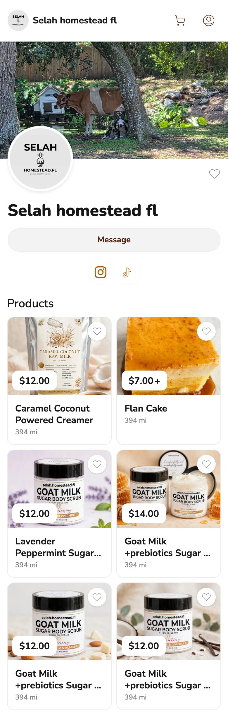Phone screenshot of the Selah homestead fl storefront on Homegrown, showing a farm banner, the shop logo, a Message button and a product grid with four goat milk sugar body scrubs priced $12.00 and $14.00