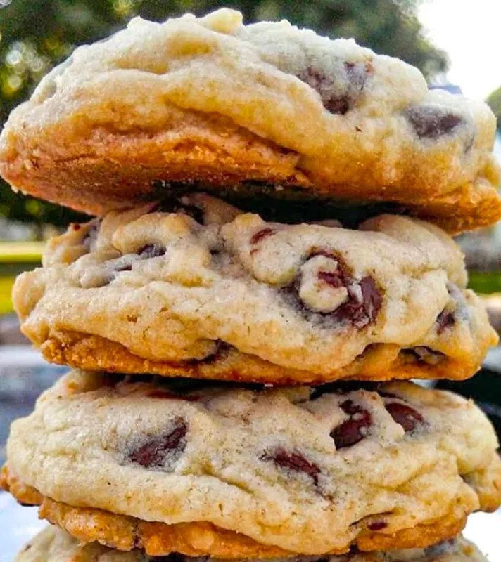 A stack of soft chocolate chip cookies photographed outdoors
