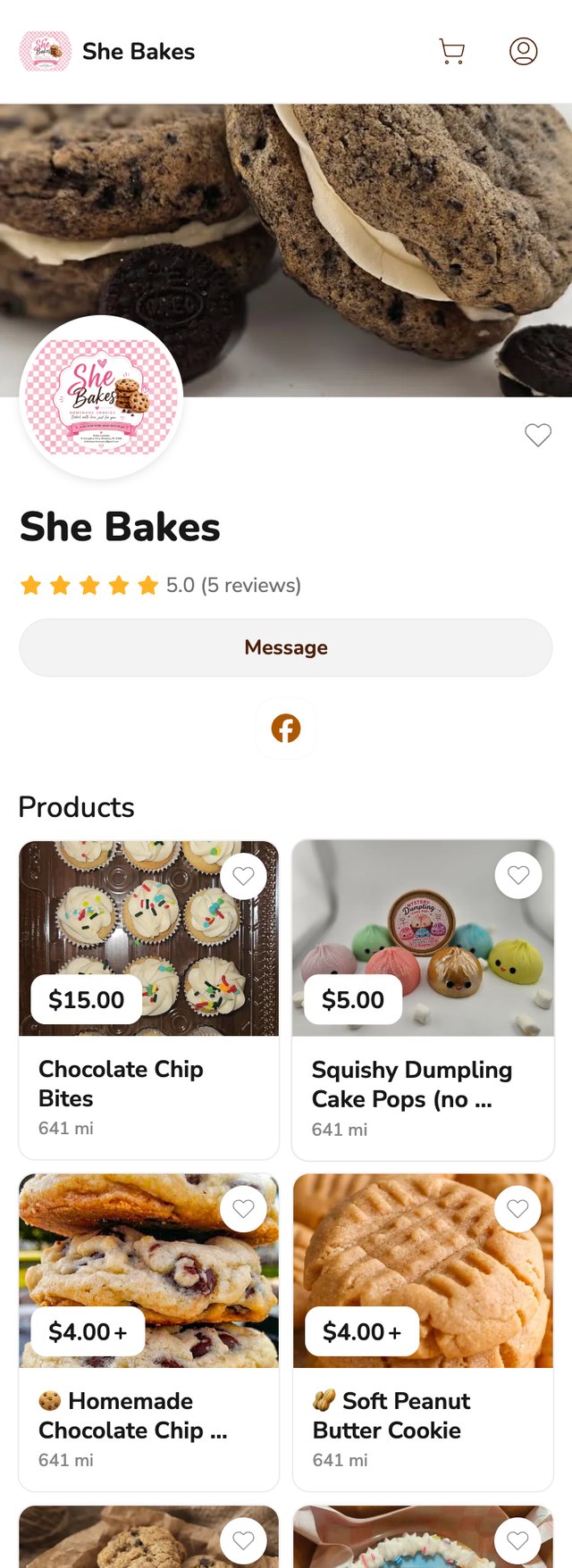 She Bakes storefront on a phone, showing four cookie and cake pop listings priced from $4.00 to $15.00