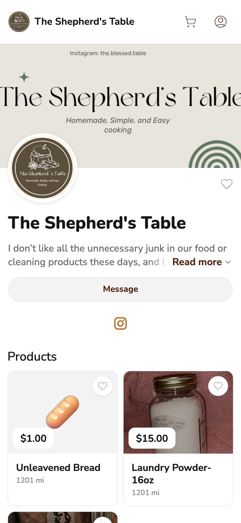 Phone screenshot of The Shepherd's Table storefront on Homegrown, showing a banner that reads The Shepherd's Table, Homemade, Simple, and Easy cooking, a round logo, a Message button, an Instagram icon, and the first two products, Unleavened Bread at $1.00 and Laundry Powder 16oz at $15.00 in a glass jar