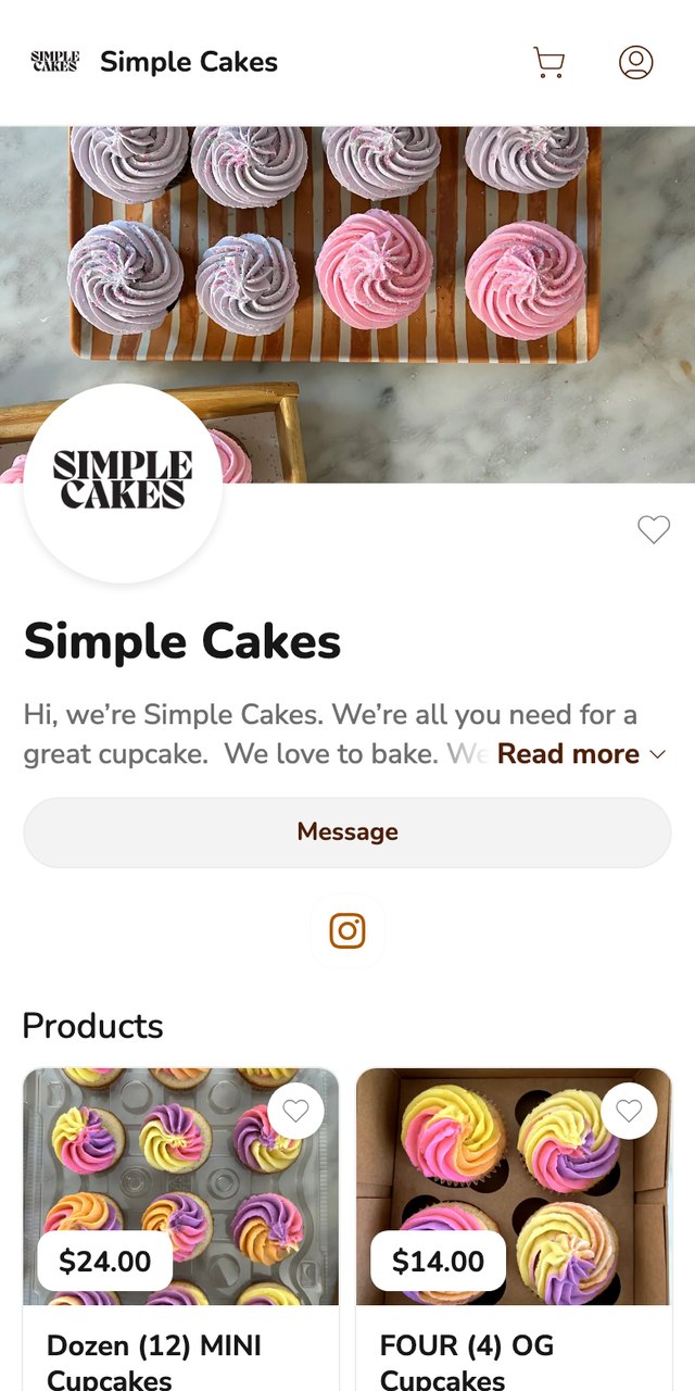 Phone screenshot of the Simple Cakes storefront on Homegrown, showing a banner photo of swirled lilac and pink frosted cupcakes on a striped tray, the round Simple Cakes logo, a short intro, a Message button and two cupcake product tiles priced at $24.00 and $14.00