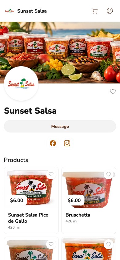 Phone screenshot of the Sunset Salsa storefront on Homegrown, showing the store name, a Message button and two products, Sunset Salsa Pico de Gallo and Bruschetta, each priced $6.00