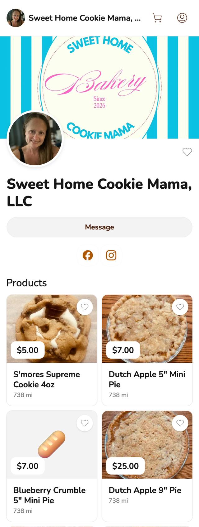 Sweet Home Cookie Mama, LLC storefront on Homegrown, shown on a phone with cookie and pie product cards and prices