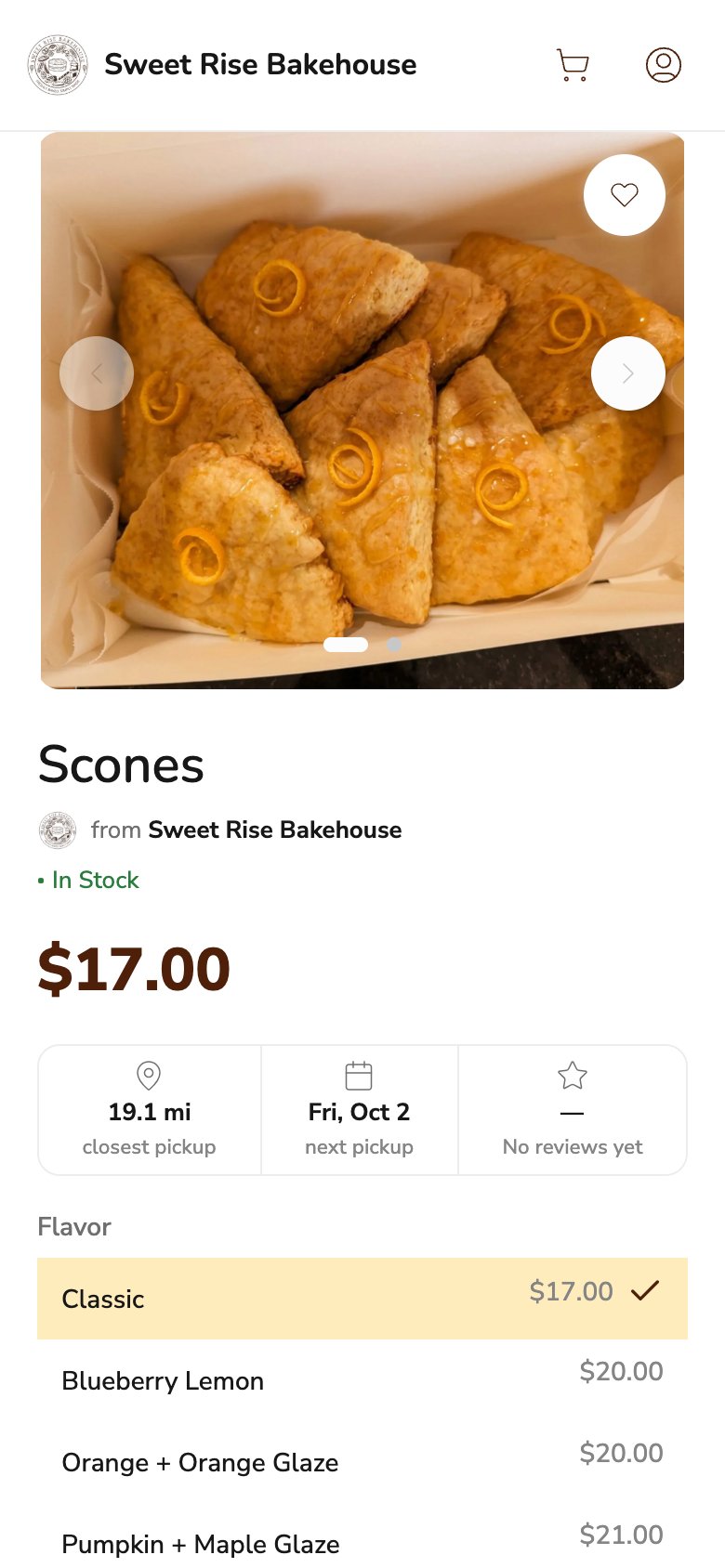 Phone screenshot of the Sweet Rise Bakehouse scones product page on Homegrown, showing a box of eight glazed wedge scones topped with orange zest, a price of $17.00, and flavor options Classic $17.00, Blueberry Lemon $20.00, Orange plus Orange Glaze $20.00 and Pumpkin plus Maple Glaze $21.00