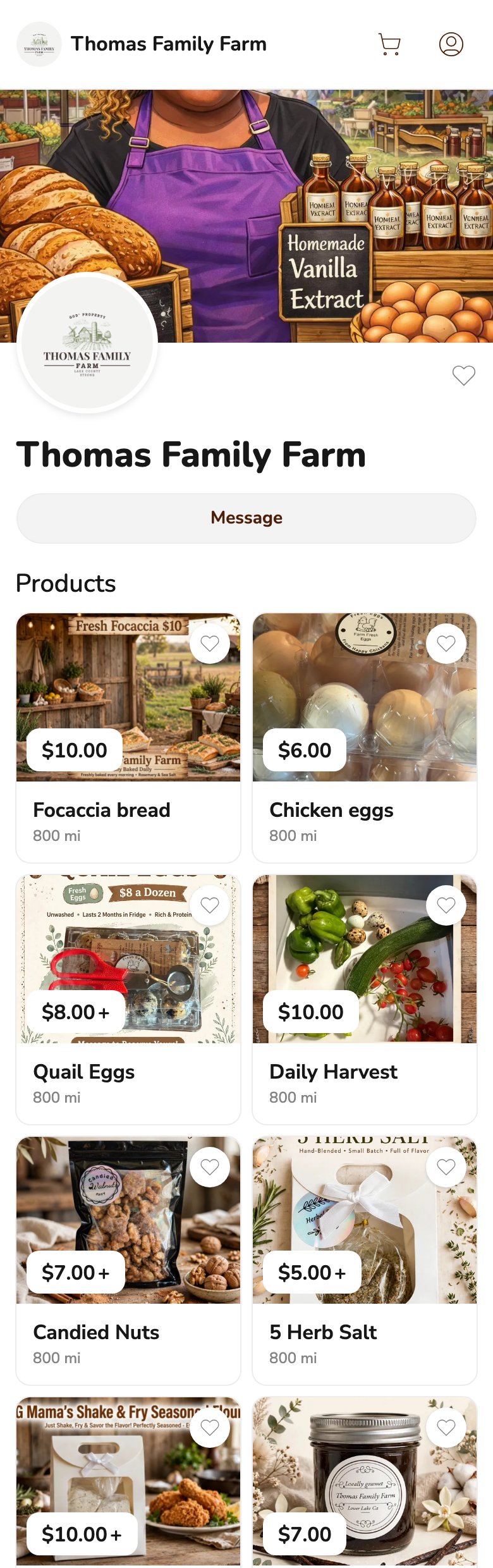 Phone screenshot of the Thomas Family Farm storefront on Homegrown, showing focaccia bread at $10.00, chicken eggs at $6.00, quail eggs from $8.00, a daily harvest box at $10.00, Candied Nuts from $7.00 and 5 Herb Salt from $5.00