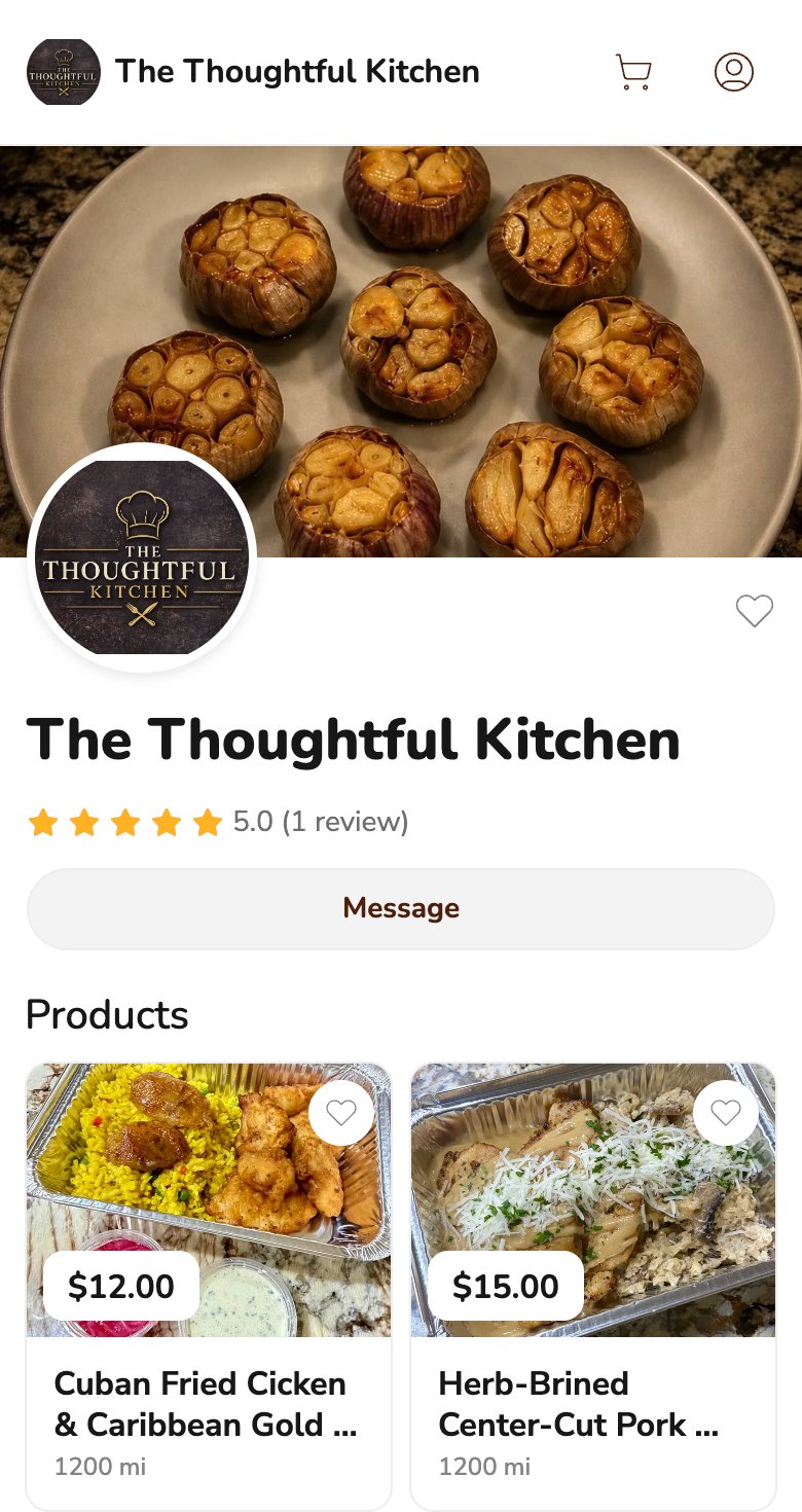 Phone screenshot of The Thoughtful Kitchen storefront on Homegrown, showing a banner of roasted garlic bulbs, the kitchen's logo, a five star rating, a Message button and two dinners in foil trays priced at $12.00 and $15.00