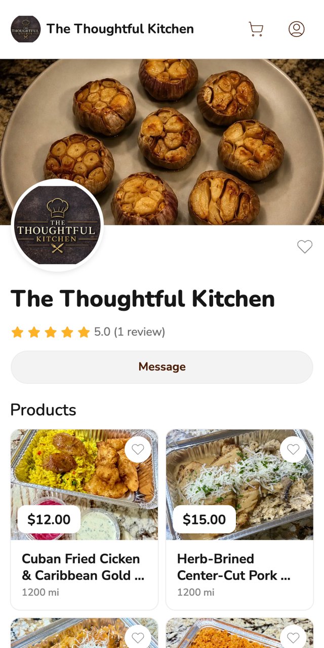 Phone screenshot of The Thoughtful Kitchen storefront on Homegrown, showing a banner of roasted garlic, the kitchen's logo, a five star rating, a Message button and two dinner trays with prices