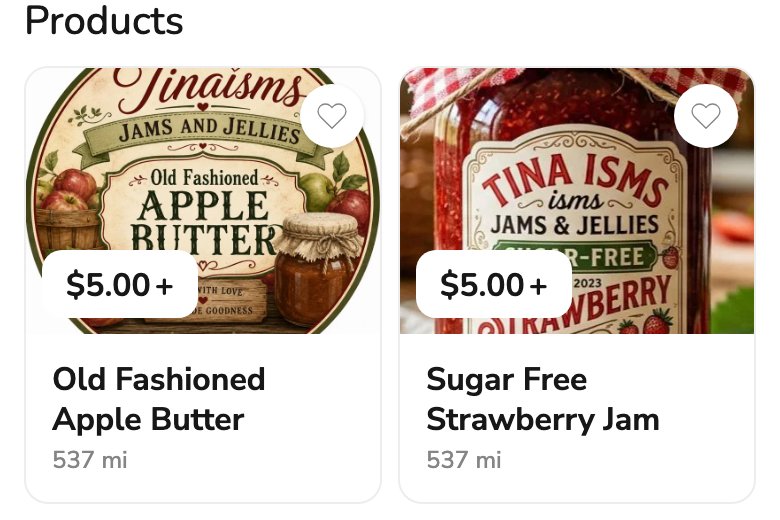 Two product cards from Tinaisms Jams and Jellies: Old Fashioned Apple Butter and Sugar Free Strawberry Jam, each listed from $5.00